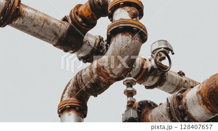 Detailed industrial pipes with rust and valves 128407657