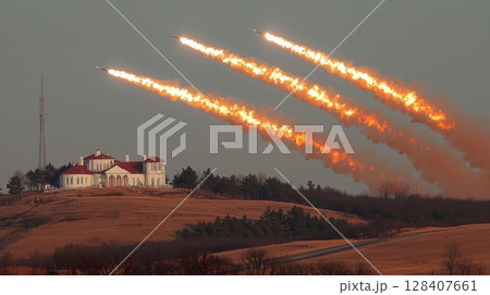 Launch of a ballistic missile from a ground-based missile silo. 128407661