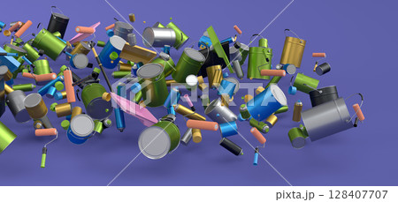 Many of flying metal cans or buckets with paint roller, brush on violet 128407707