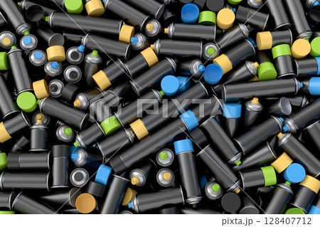 Pile of spray paint cans on black background. Spray bottle and dispenser 128407712