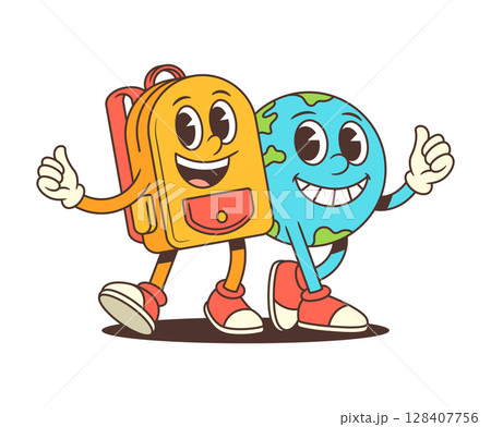 Happy Earth and Backpack Mascot Walking Together in Cheerful Pose for School Concept Vector Illustration 128407756