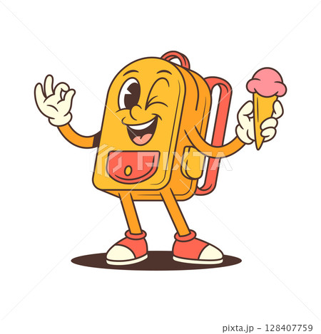 Playful Backpack Mascot Holding Ice Cream with Wink and Smile Vector Illustration 128407759