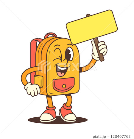 Happy Backpack Mascot Winking and Holding Sign in Playful Educational Style Vector Illustration 128407762