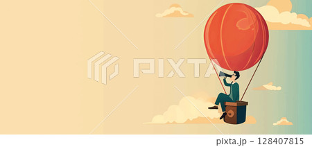 An adventurous character in a hot air balloon, using a megaphone. It evokes exploration, announcement, and ambition, suitable for creative projects 128407815