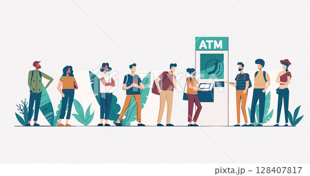 People stand in line at an ATM. Customers withdraw cash from an automatic teller machine. Using technology to pay for purchases. Queue, line, waiting, machine, customer, service, modern 128407817