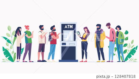 Diverse individuals line up at an ATM, with one person using a mobile app. This image captures a modern scene of people waiting to access banking services. Includes plants for decoration 128407818