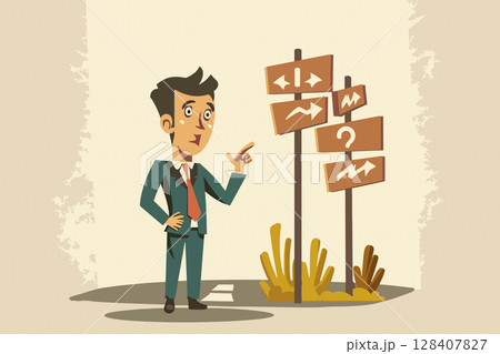 A cartoon style image shows a perplexed man standing next to signs with arrows and a question mark, confused about which direction to choose, reflecting the challenge of decision making 128407827