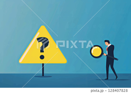 Man with magnifying glass looks at a yellow warning sign with a question mark. Solving the problem, search for answers, business analysis, research and analytical skills concept 128407828