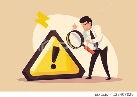 Businessman with magnifying glass looking at a warning sign, indicating a danger situation. Risk assessment concept, important problem identification, analysis, solution 128407829