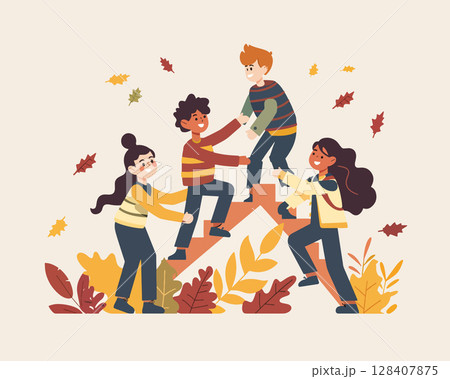 Illustration showing a diverse group of young people helping each other climb stairs. Teamwork, support, mutual assistance, climbing, and encouragement are depicted in this colourful image 128407875