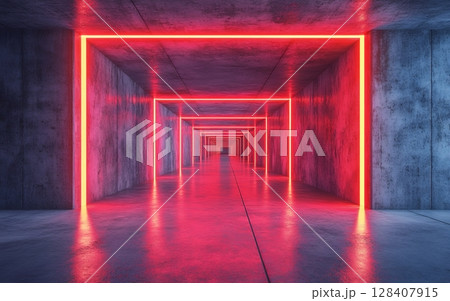 A futuristic, neon-lit corridor extends into the distance, its sleek concrete walls glowing with vibrant red light 128407915