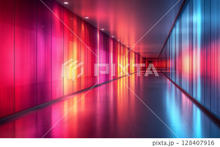 A vibrant, colorful corridor with illuminated glass panels creates a stunning futuristic and abstract scene 128407916