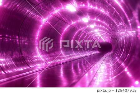 A vibrant pink illuminated tunnel stretches into the distance, creating a futuristic and dynamic scene 128407918