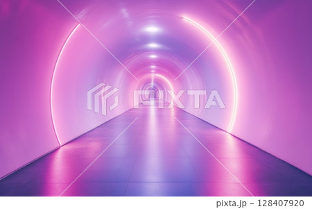 A futuristic tunnel with vibrant pink and purple neon lights creates a surreal and captivating atmosphere 128407920