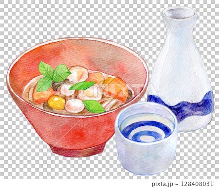 水彩イラスト　手描きイラスト　アナログ　こづゆと日本酒 128408031