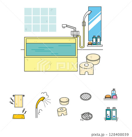 汚れた浴室と浴室用品のイラストセット(カラー) 汚れた浴室と浴室用品のイラストセット(カラー) 128408039