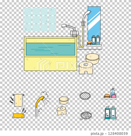 汚れた浴室と浴室用品のイラストセット(カラー) 汚れた浴室と浴室用品のイラストセット(カラー) 128408039