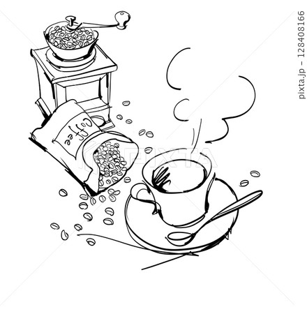 ホットコーヒーとミルとコーヒー豆の線画イラスト 128408166