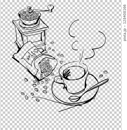 ホットコーヒーとミルとコーヒー豆の線画イラスト 128408166
