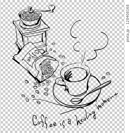 Line drawing illustration of hot coffee, mill and coffee beans with English letters 128408168