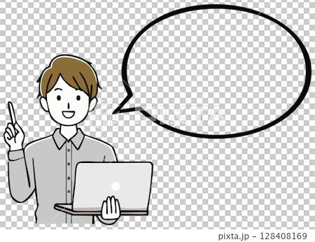 A man in a suit holding a laptop and a speech bubble 128408169