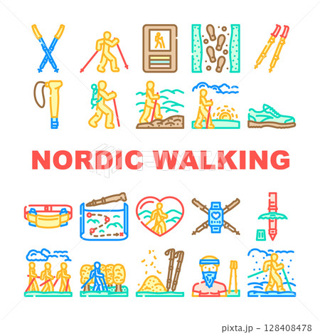 nordic walking fitness exercise icons set vector 128408478