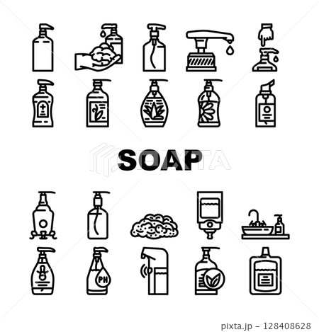 liquid soap cleanser hygiene icons set vector 128408628