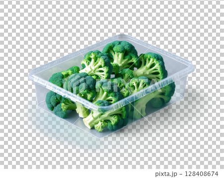 Broccoli (Brassica oleracea) Fresh broccoli florets neatly packed in clear plastic. The vibrant green florets are clearly visible through the 128408674