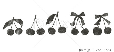 Cherry ink painted silhouette set. Coquette linocut berries with ribbons and leaves doodle isolated on white background. Fruits grunge textured elements. Vector naive illustration by crayon pencil Cherry ink painted silhouette set. Coquette linocut berries with ribbons and leaves doodle isolated on white background. Fruits grunge textured elements. Vector naive illustration by crayon pencil 128408683