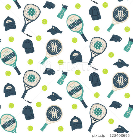Padel tennis seamless pattern. Sports rackets, balls and visors endless background. Paddle game repeat cover ornament. Surface pattern design entertainment motif. Vector continuous flat illustration Padel tennis seamless pattern. Sports rackets, balls and visors endless background. Paddle game repeat cover ornament. Surface pattern design entertainment motif. Vector continuous flat illustration 128408696