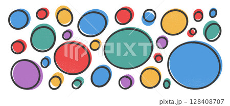 Round and oval shapes crayon with black stroke set. Kids colorful chalk elements. Kindergarten fun polka dots hand drawn pattern. Vector handmade ellipse, round element collection on white background 128408707
