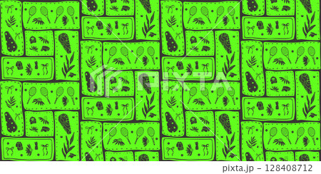 Seamless pattern of neon tennis. Sports rackets, balls and flowers with bows endless background. Surface pattern design entertainment vibrant motif. Vector hand drawn bento grid illustration Seamless pattern of neon tennis. Sports rackets, balls and flowers with bows endless background. Surface pattern design entertainment vibrant motif. Vector hand drawn bento grid illustration 128408712