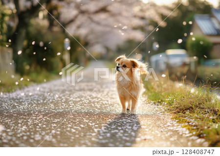 桜降る散歩道の小型犬（AI生成画像） 128408747