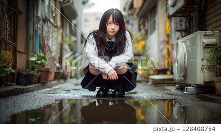 都会の路地でしゃがむ制服姿の少女の個性的なポートレート｜少女, 制服, 路地	 128408754