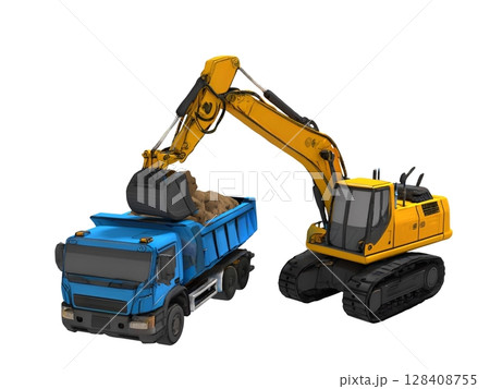 建設土木工事現場で土砂積載をするバックホウと土砂ダンプ 128408755