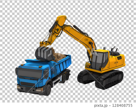 建設土木工事現場で土砂積載をするバックホウと土砂ダンプ 128408755
