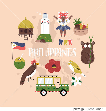 Cute Vector Set with Philippines Landmarks, Food, People and Symbols in Cartoon Style. 128408843