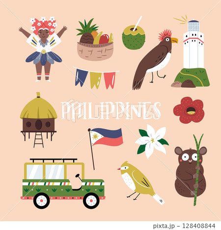 Cute Vector Set with Philippines Landmarks, Food, People and Symbols in Cartoon Style 128408844