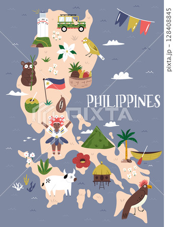 Cute Vector Map of the Philippines with Landmarks, Culture, Nature and People in Cartoon Style 128408845