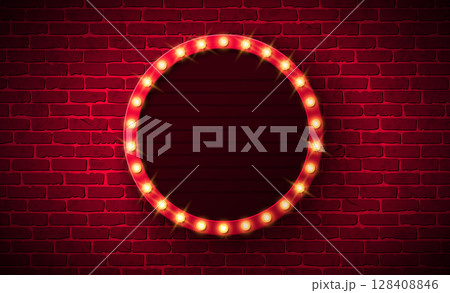 Retro Signboard Lightbox Banner Design with Glowing Light Bulb Frame Billboard on Vintage Brick Wall Background. Vector Customizable Marquee Sign Illustration for Casino Advertising, Theater Show Retro Signboard Lightbox Banner Design with Glowing Light Bulb Frame Billboard on Vintage Brick Wall Background. Vector Customizable Marquee Sign Illustration for Casino Advertising, Theater Show 128408846