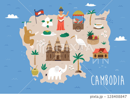 Cute Vector Set with Cambodia Landmarks, Food, People and Symbols in Cartoon Style 128408847