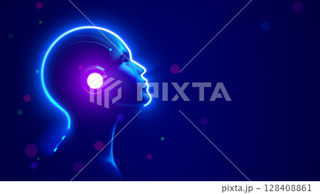 AI. AGI. Artificial intelligence in human face or head concept. Glowing neon silhouette of the head of a wise Artificial Intelligence or AGI on a blue background. A kind and intelligent face of AGI. AI. AGI. Artificial intelligence in human face or head concept. Glowing neon silhouette of the head of a wise Artificial Intelligence or AGI on a blue background. A kind and intelligent face of AGI. 128408861