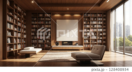 Mocha Musse high-tech library featuring automated bookshelves that rearrange themselves based on the user's reading preferences and habits. The room 128408934