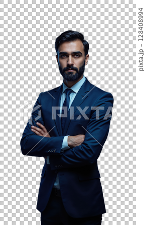 A South Asian male executive in a tailored navy suit, standing with arms crossed as glowing projections of international business 128408994