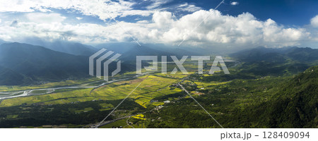 Aerial Panorama view of Beautiful rice fields and east rift valley,  Taiwan 128409094