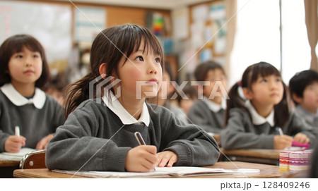 授業を真剣に聞く小学生の女の子の教室風景｜学び,教育,集中,未来,成長 128409246