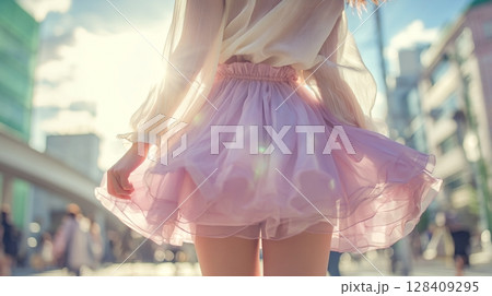 ピンクのワンピースを着た女性の後ろ姿と街並み｜ワンピース, 女性, 街	 128409295