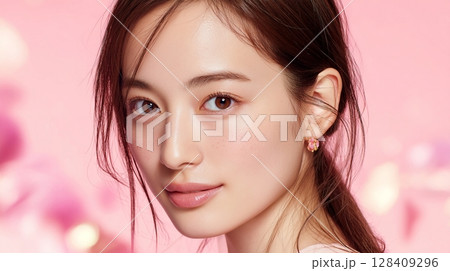 ピンク背景に映える透明感あふれる美しい女性のポートレート｜若い女性, 美容, ピンク	 128409296