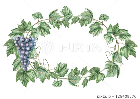 Oval frame with grapevine and bunch of ripe grapes. Isolated watercolor illustration in realistic style for restaurant menu design, bar interior, textile printing. 128409376
