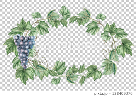Oval frame with grapevine and bunch of ripe grapes. Isolated watercolor illustration in realistic style for restaurant menu design, bar interior, textile printing. 128409376